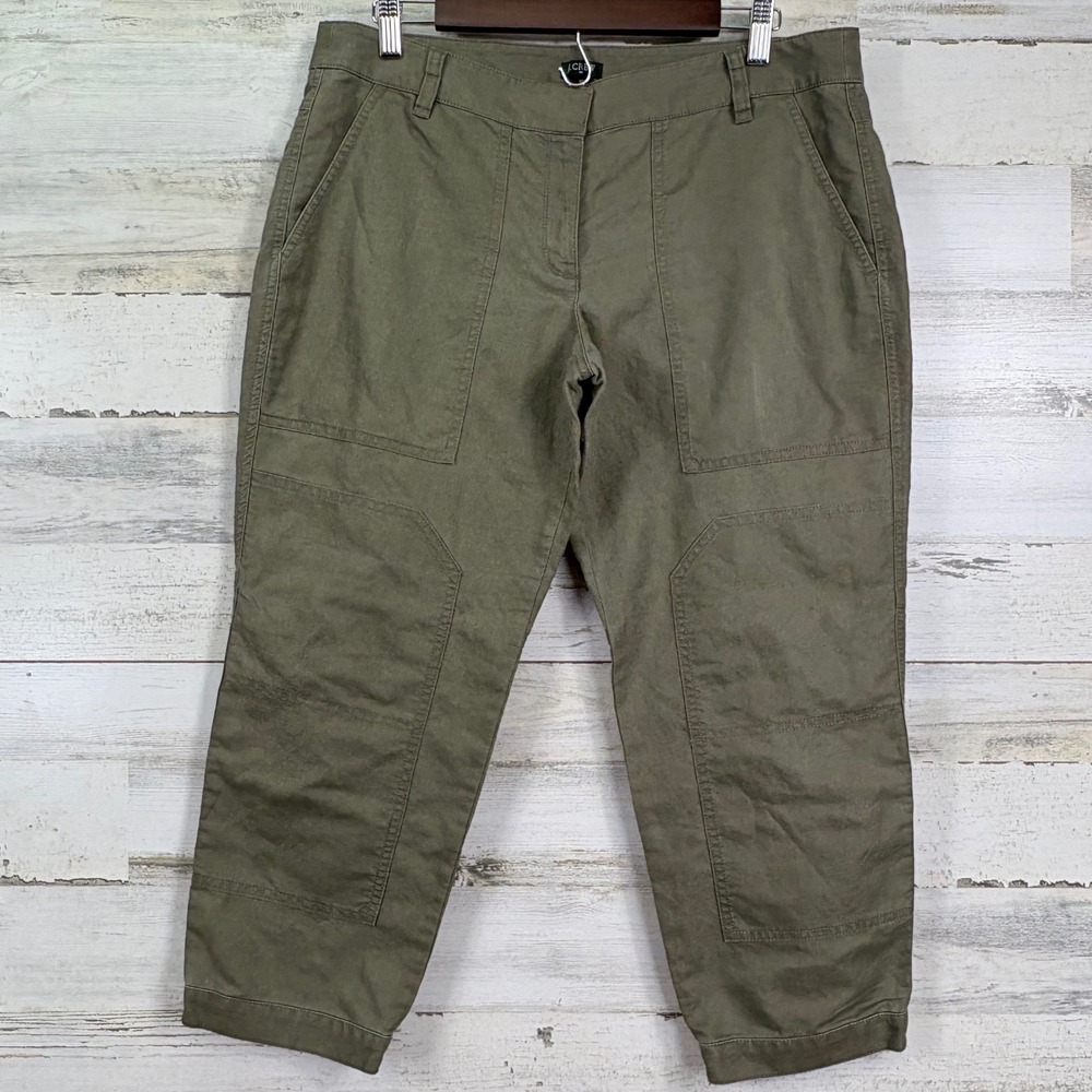 J Crew City Fit‎ Olive Green Linen Cotton Blend Crop Utility Pants Size 12